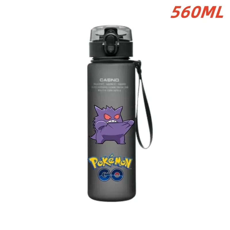 Color: black - 560ML Pokemon Water Cup Anime Portable Children's Cute Pikachu Gengar Plastic Outdoor Sports Large Capacity Water Bottle Gifts