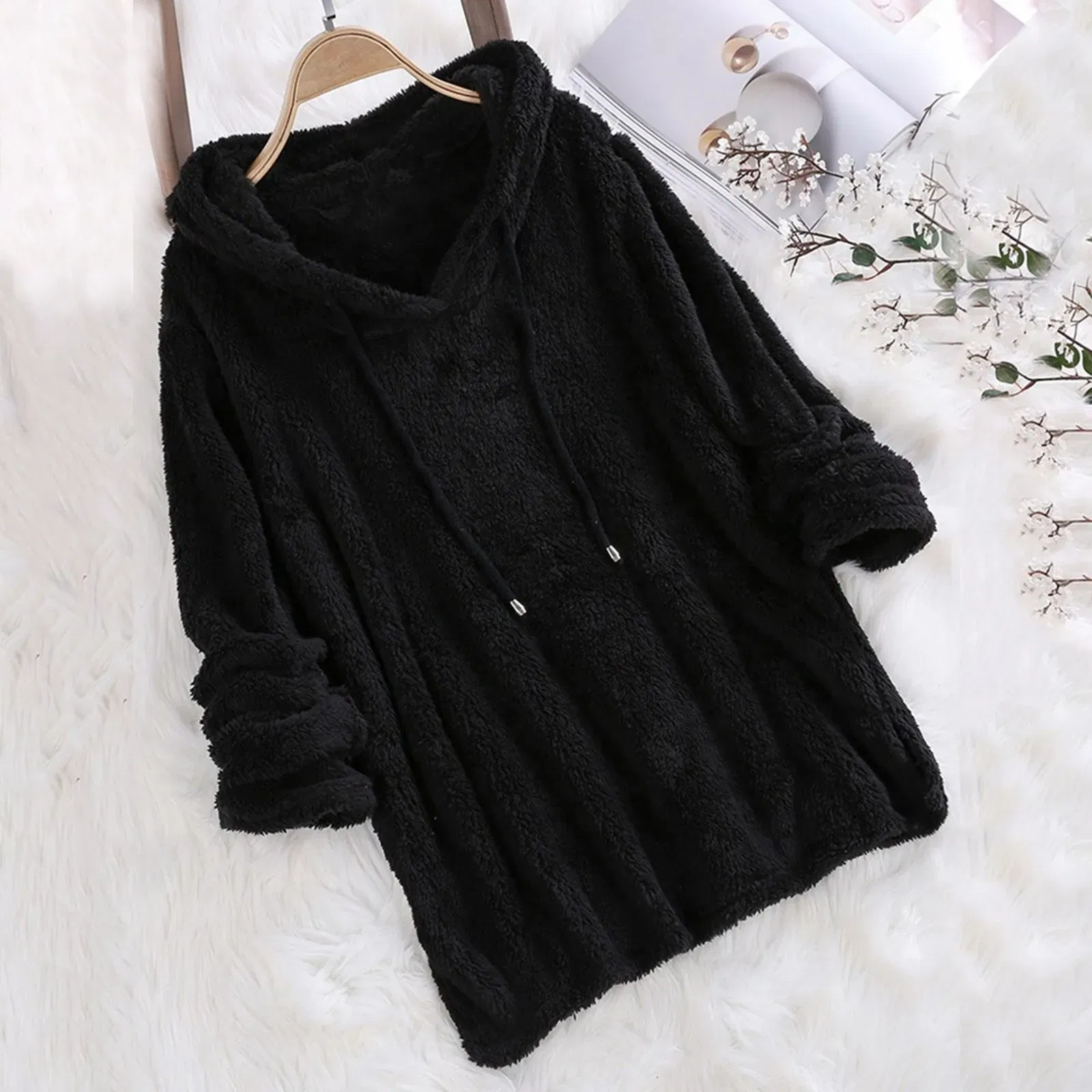 Color: black, Size: S, Ships From: CN - Women's Winter Casual Solid Color Plush Hooded Long Sleeve Pullover Thick Warm Fluffy Sweatshirts Blouse Oversized Loose Tops