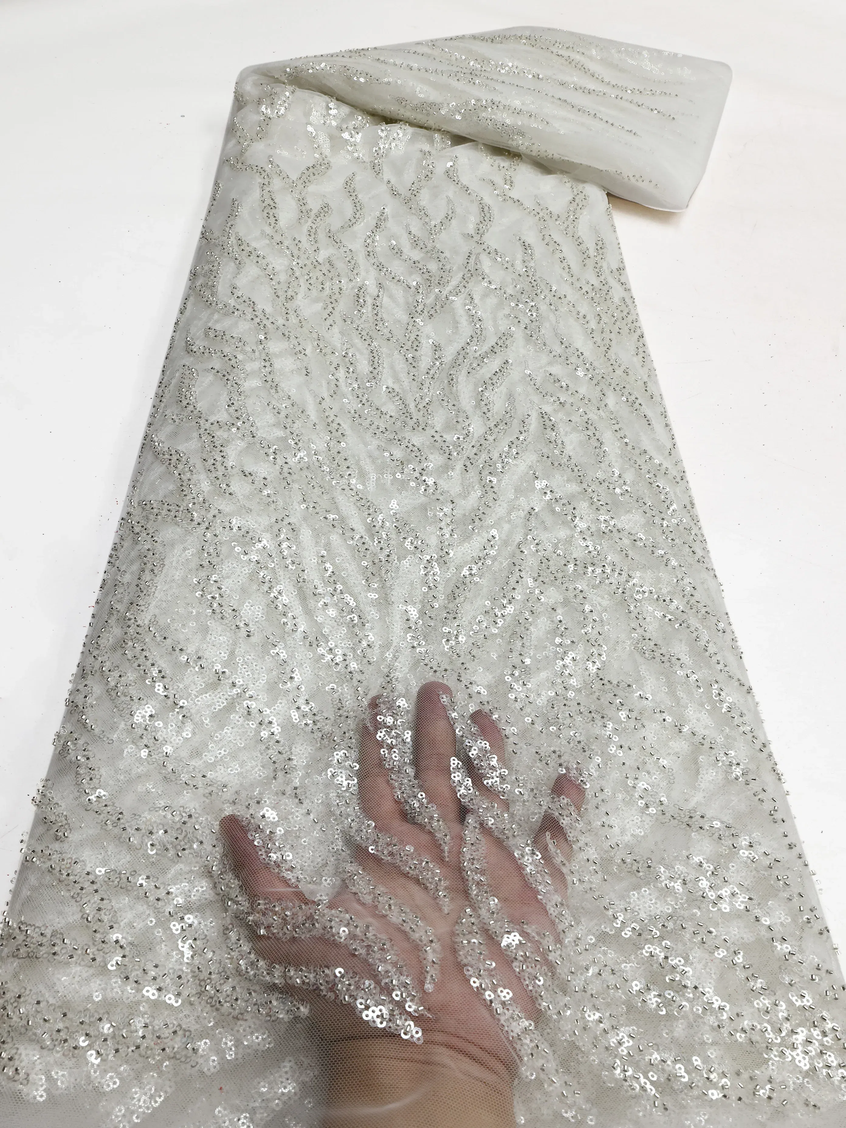 Color: WHITE, length: 5 yards, Width: 120cm - PGC White Beaded Tulle African Lace Fabric Sewing 2024 Swiss Mesh Sequins High Quality Lace Fabrics for Luxury Wedding