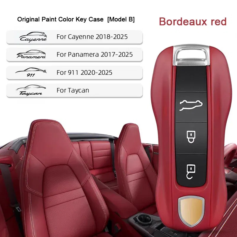 Color Name: ROSE RED - For Porsche Cayenne 9ya 9yb Panamera 971 911 Targe Taycan Macan 95b Cayman 718 Boxster 2014-2025 Car Remote Smart Key Case Cover