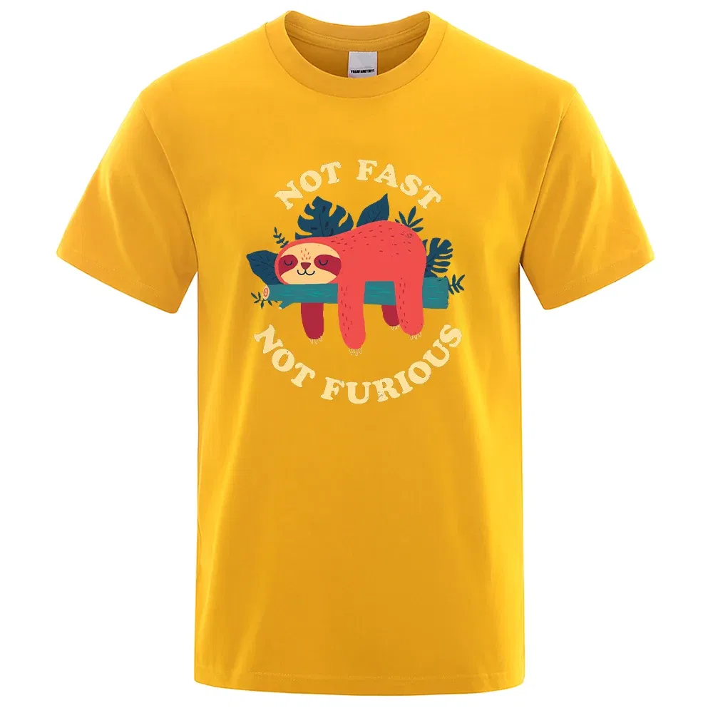 Color: Yellow, Size: XXXL - Not Fast Not Furious Sloth Cute Print Men Tee Shirts Breathable Cotton Tops Street Fashion T-shirt Women Casual Summer T Shirts