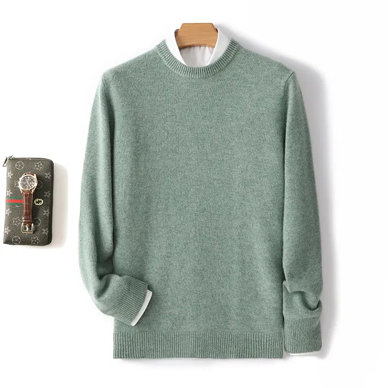 Color: Mint, Size: XXL, Ships From: CHINA - Men's 100% Pure Wool Cashmere Sweater O-Neck Pullover Knit Sweater Autumn and Winter New Long Sleeve High-End Jumpers Thick Tops