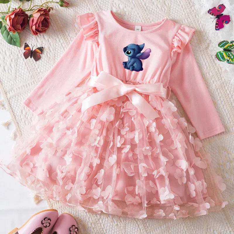 Color: green, Size: One Size, Height: 170 - Lilo Stitch Girl Baby Dresses Spring Autumn Child Long Sleeve Sweet Princess Dress Mesh Newborn Casual Dress Birthday Party 2-6Y
