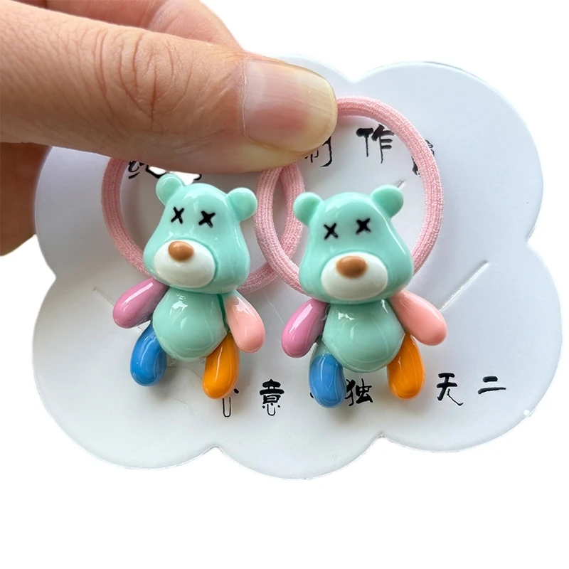Color: Blue - 2PCS New Red Cartoon Lovely Cream Bear Girls Kids Elastic Hair Bands Princess Hair Accessories Children Hair Ties Baby Headwear