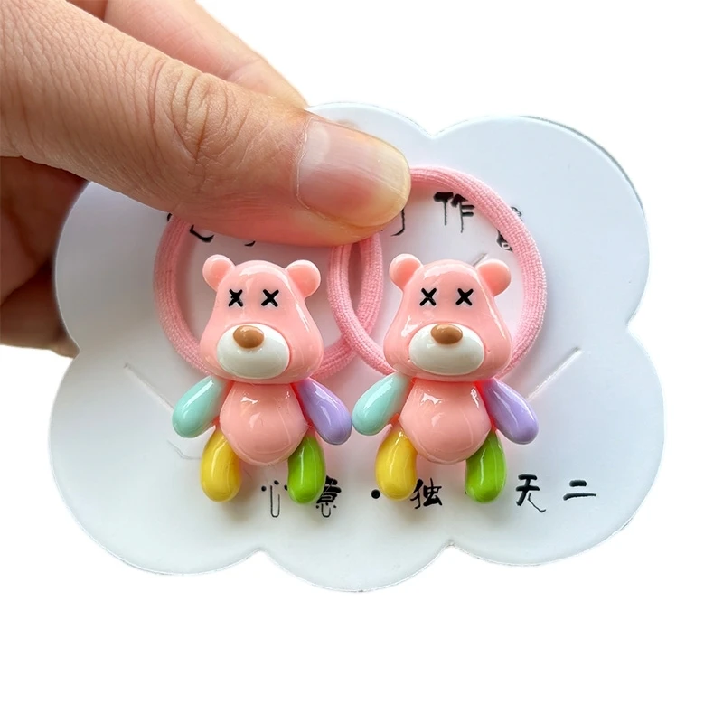 Color: Blue - 2PCS New Red Cartoon Lovely Cream Bear Girls Kids Elastic Hair Bands Princess Hair Accessories Children Hair Ties Baby Headwear
