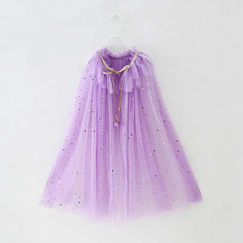 Color: Lavender, Kid Size: 12T - Little Girls Sequins Tulle Cape Children Princess Party Dress Up Cloaks Summer Thin Blue Pink White Halloween Birthday Costumes