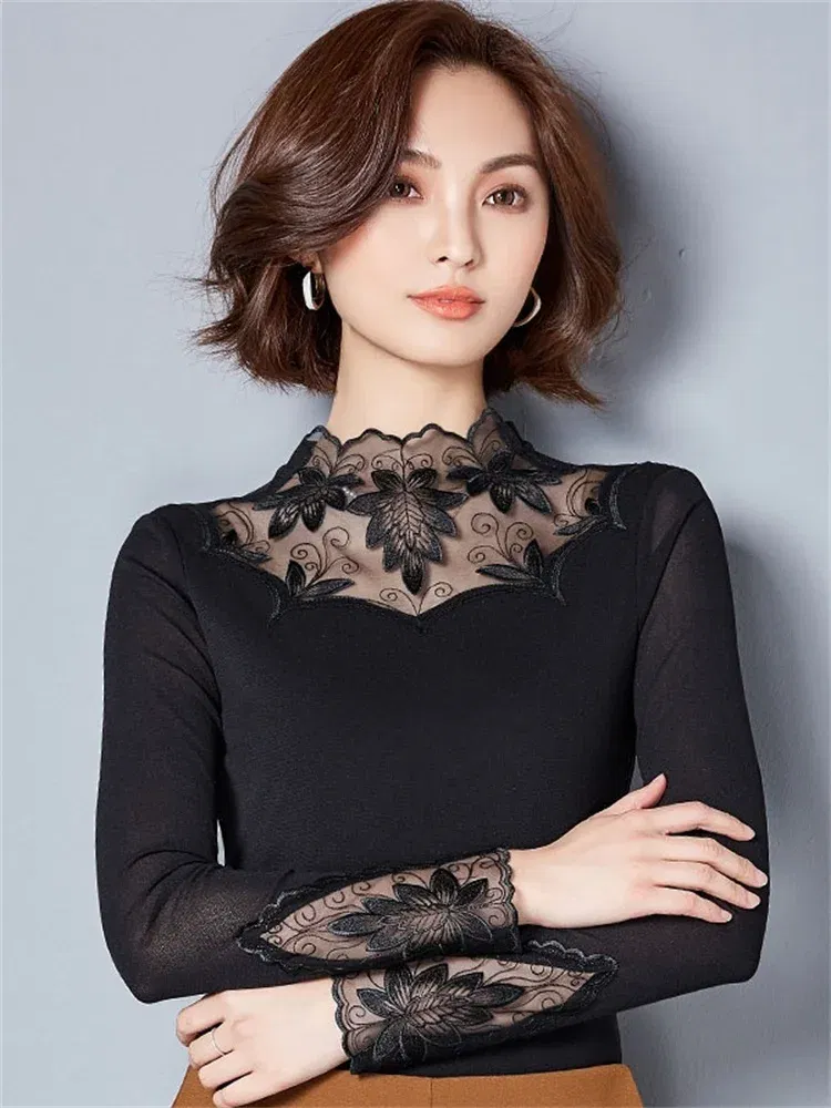 Color: Khaki, Size: XXXL - Hollow Out Women Spring Autumn Style Lace Blouses Shirts Casual Long Sleeve Patchwork Spliced Turtleneck Blusas Tops DF1491