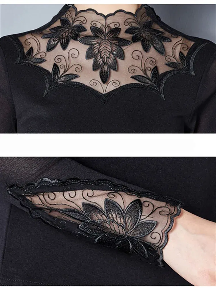 Color: Khaki, Size: XXXL - Hollow Out Women Spring Autumn Style Lace Blouses Shirts Casual Long Sleeve Patchwork Spliced Turtleneck Blusas Tops DF1491