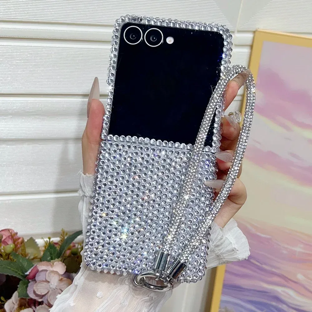 Color: black, Material: ABS - Full Shiny Diamonds Cover Funda For Samsung Galaxy Z Flip 7 Wrist Strap Case For Samsung z flip 6 zflip5 zflip4 3 Luxury Case