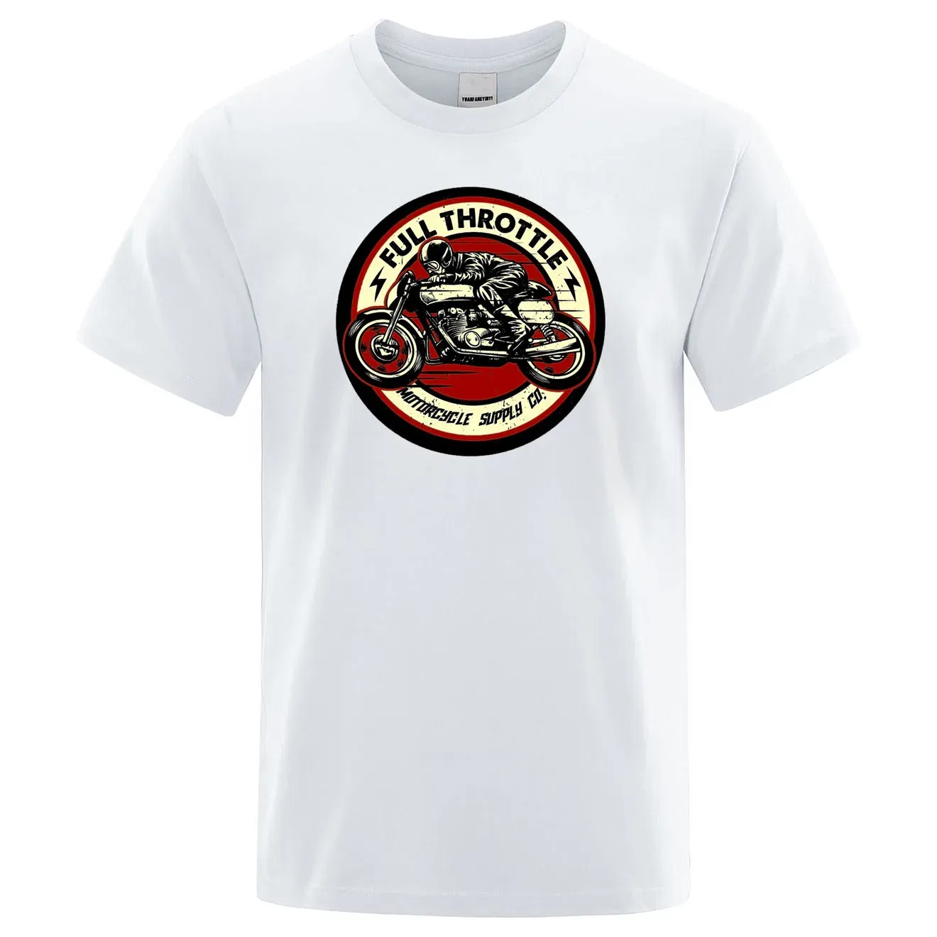 Color: WHITE, Size: XXL - Full Throttle Cafe Racer Rockabilly Biker Printed T-Shirt Men Fashion Casual Short Sleeve Loose Cotton Tshirt Summer Loose Tees