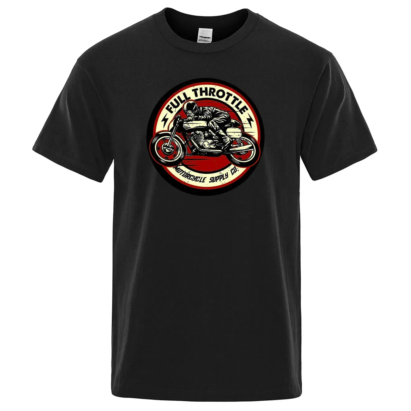 Color: WHITE, Size: XXL - Full Throttle Cafe Racer Rockabilly Biker Printed T-Shirt Men Fashion Casual Short Sleeve Loose Cotton Tshirt Summer Loose Tees