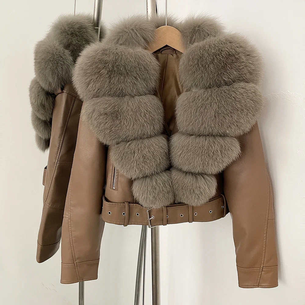 Color: Burgundy, Size: M - Fake Leather Coat New Natural Fox Fur Autumn Short Faux Leather Jacket Female Spring PU Women Long Sleeve Real Fur Coat Thin