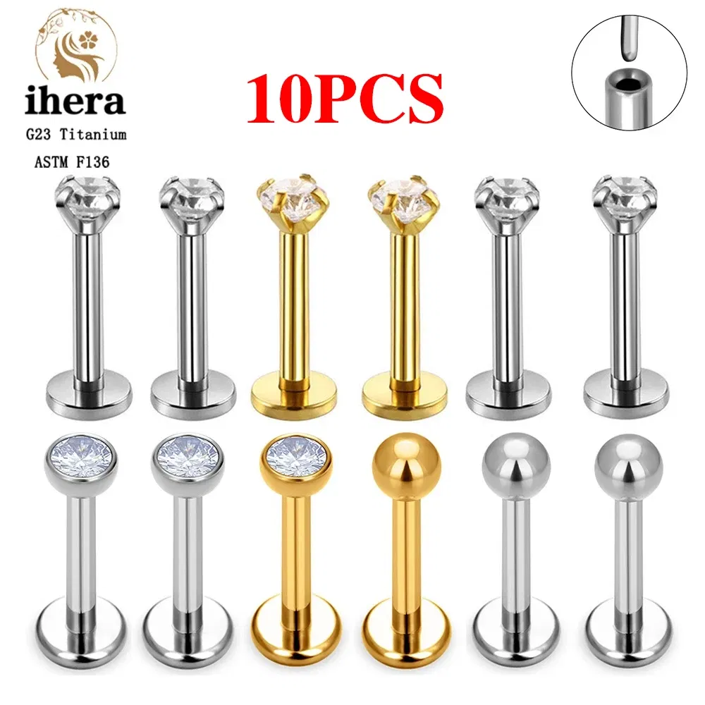Metal color: SILVER PLATED, Ships From: CHINA, Main Stone Color: Clear - 10PCS G23 Titanium Lip Ring Labret Piercing Stud Earring CZ 16/18/20G Push Pin Ear Tragus Cartilage Helix Conch Pierc? Jewelry