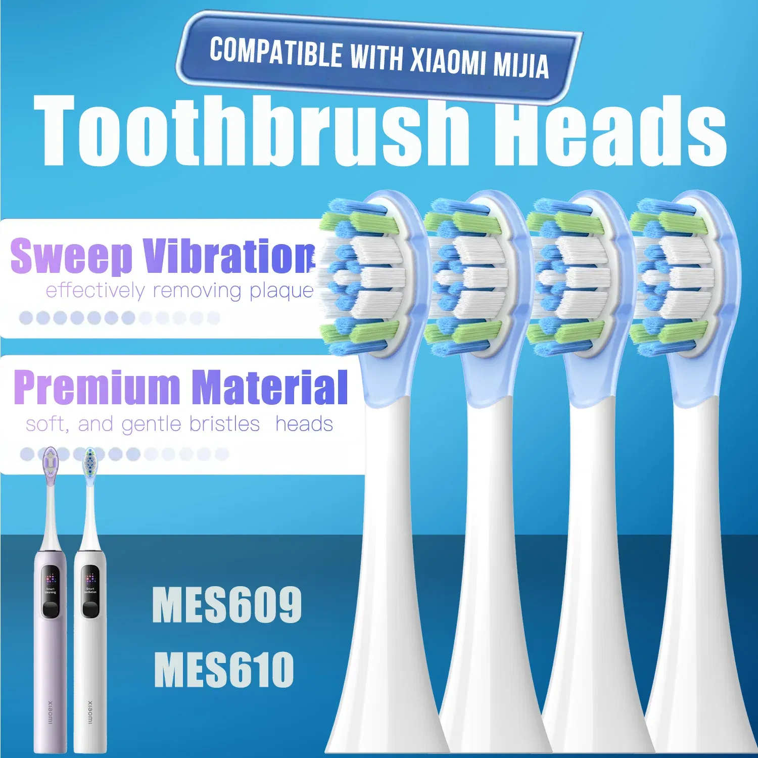 4PCS Replacement Brush Heads for XIAOMI MIJIA MES609/MES610 Pro Sonic Electric Toothbrush Sealed Package