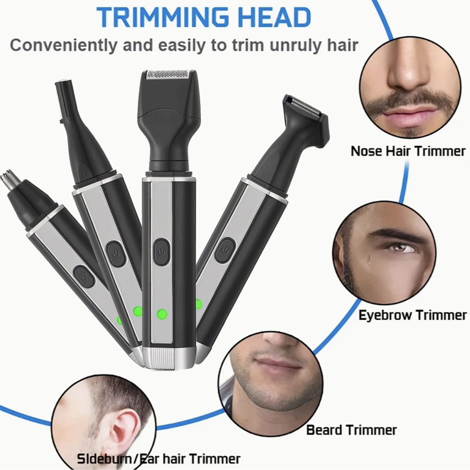 Color: Silver - Man Beard Shaver Sideburns Trimmer Nose Hair Trimmer Eyebrow Razor 4IN1 Grooming kit Rechargeable Lithium Battery