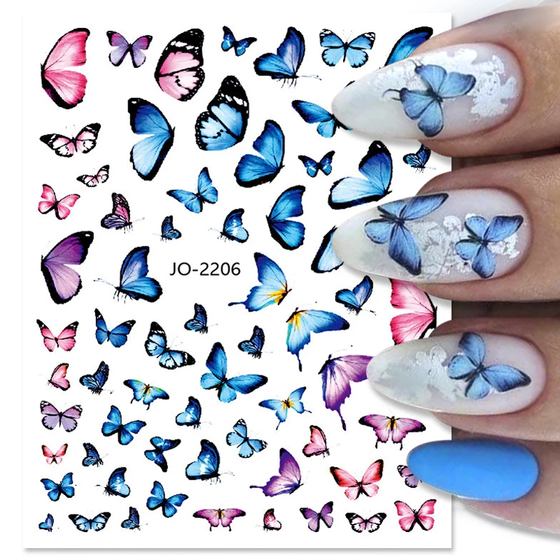 Color: transparent - 3D Blue Butterfly Adhesive Stickers Nail Art Decoration Laser Flowers Leaves Nail Sticker Nail Art Supplies Nail Parts