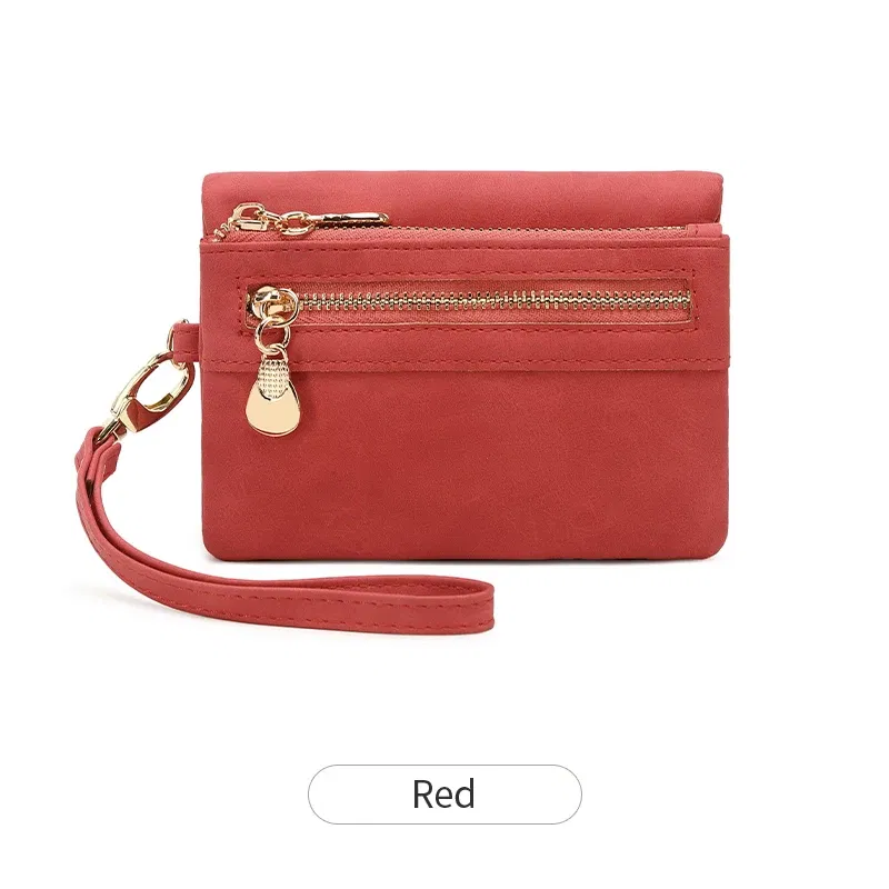 Color: Red - Retro foldingzipper wallet high-quality PUleather portablemultifunctional women's walletfashionable withID card window wrist bag