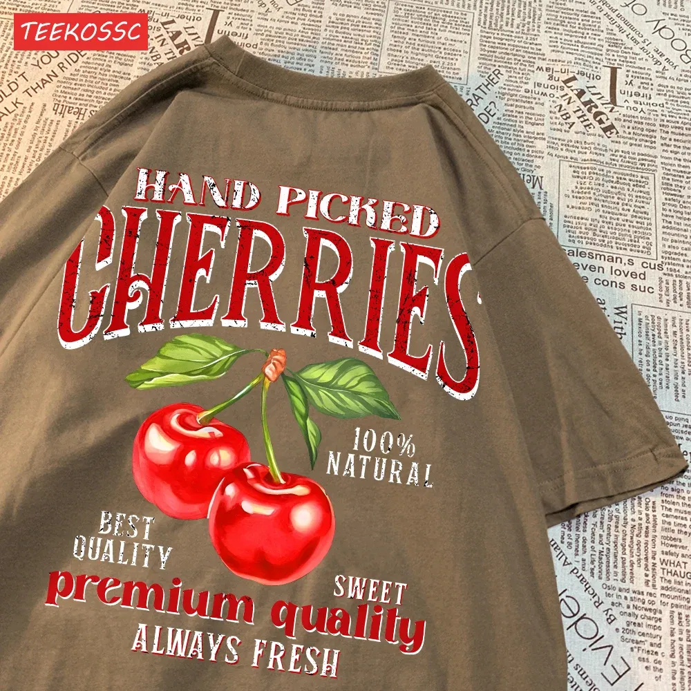 Color: Khaki, Size: M - Summer Lemon Cherries Prints T-Shirts Cotton Women's Tops Oversize O-Neck Soft Short Sleeve tees Street Casual Womans Clothes
