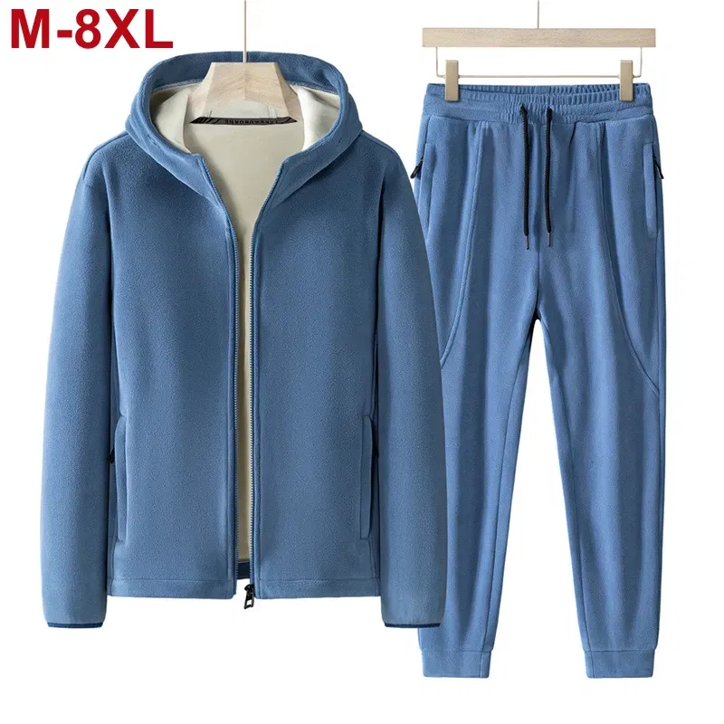 Color: Blue, Size: 6XL - Plus Size 7xl 8xl Men's 2pcs Tracksuit Sets Winter Warm Polar Fleece Liner Jacket+pants Set Men Casual Thick Sportswear Clothes