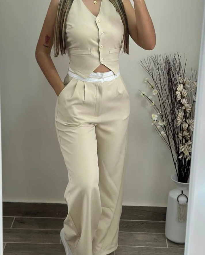 Color: Beige, Size: M - New Women's Two-Piece 2024 Summer Casual Sexy Elegant V-Neck Twist Button Tank Top and Pocket Design Pants Set Women's Set