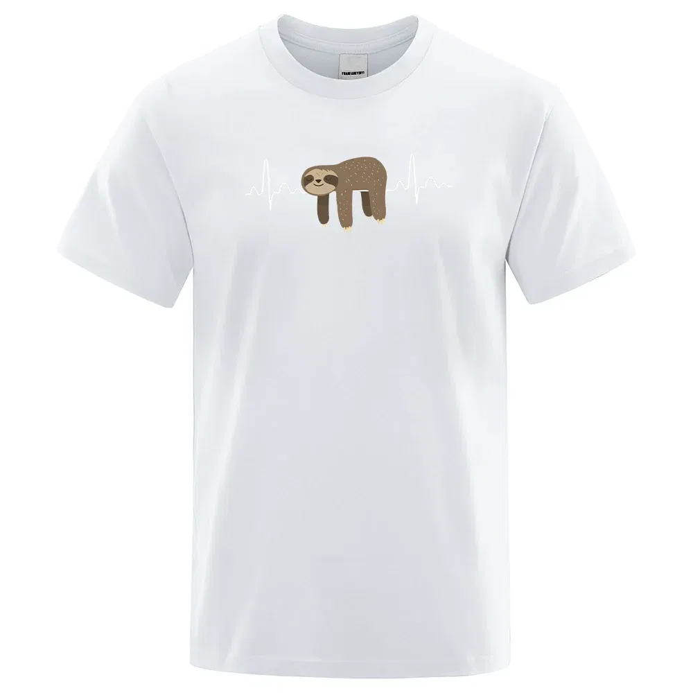 Color: WHITE, Size: L - Sloth Resting On Tummy Printing Mans T Shirts Crewneck Soft T-Shirts Comfortable S-XXXL Tee Shirts Oversized Casual T-Shirt Man