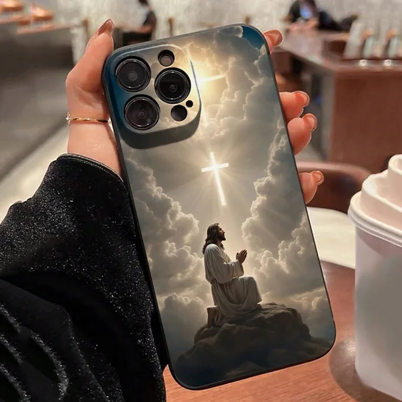 Color: SKY BLUE, Compatible-Phone Models: For iPhone 13 Pro - Jesus Cross Painted Phone Case For iPhone 16 15 14 13 12 11 Pro Max XS X XR 7 8 Plus Mini SE 2020 2022