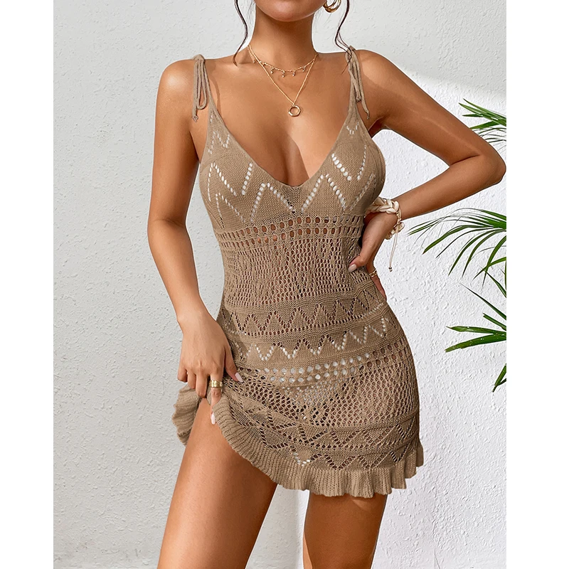 Color: Khaki, Size: One Size - Halter Dress Clothes Women Summer Solid Color Sleeveless Knitted Cover Up Backless Stylish Beach Dresses