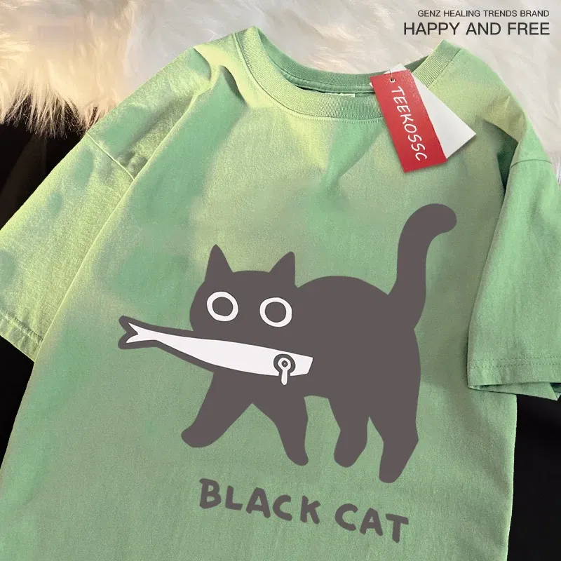 Color: Pink, Size: XL - Fun A Black Cat Eating Fish Japanese Style Men Women T-Shirt Fashion Print T Shirt Breathable Oversize T-Shirts Cotton Clothes
