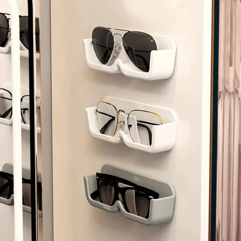 Color: Brown - Glasses Display Cabinet Sunglasses Storage Box Wall Mounted Perforated Free Sunglasses Storage Glasses Rack Home Tidying