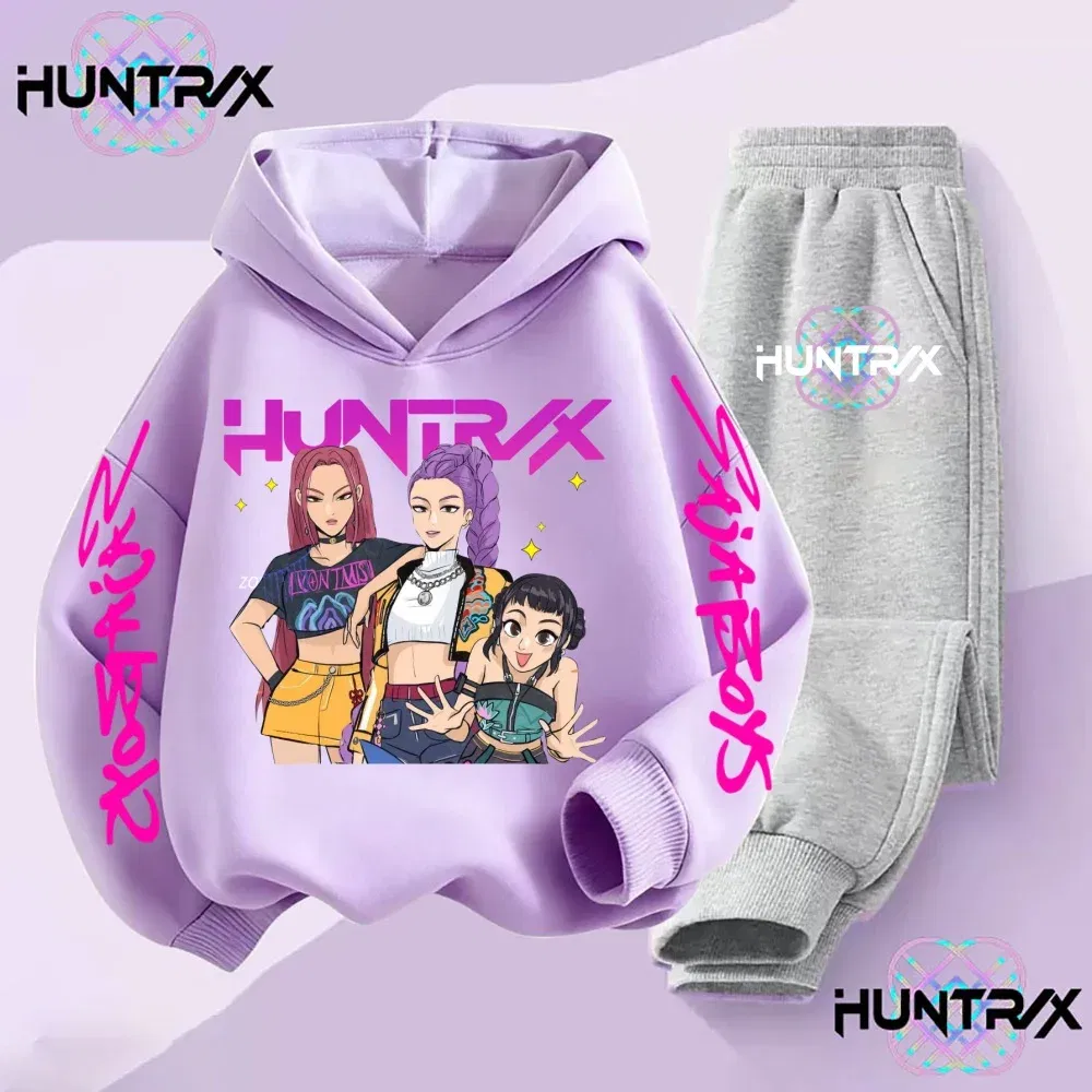 Color: Pink, Kid Size: 5 - 3-14Y Kpop Demon Hunters Hoodie Set Boys Girls Kids Autumn Sportswear Daily Clothes 2025