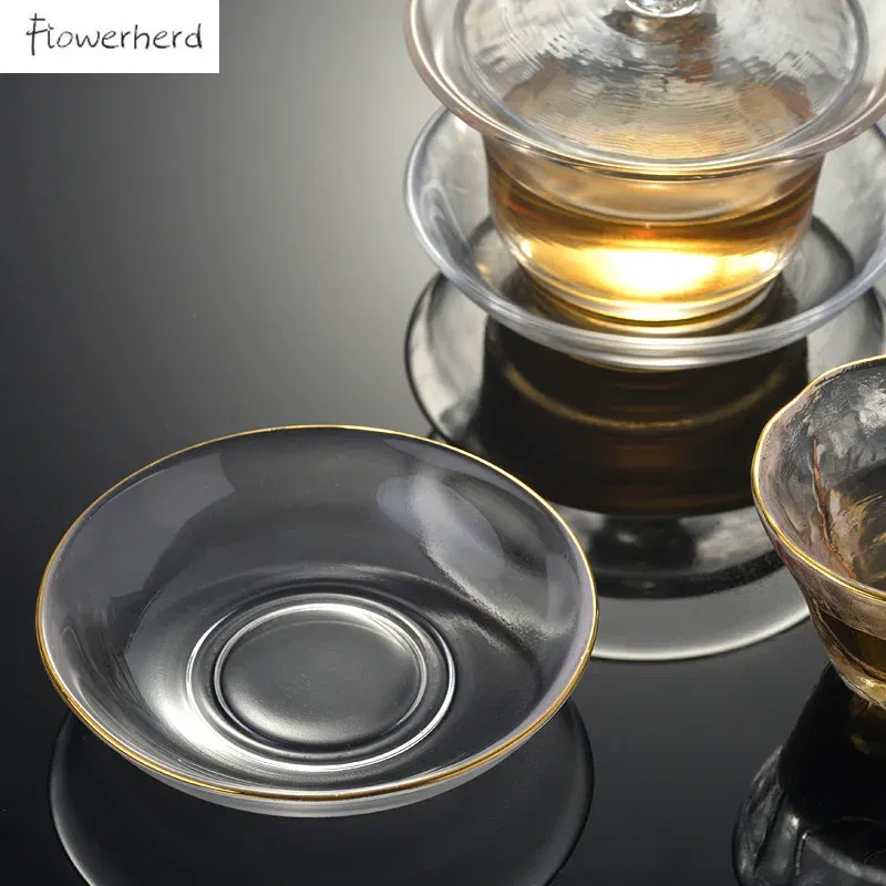 Color: WHITE - Japanese Style Round Insulated Glass Tea Mat Saucer Teaware Creative Kung Fu Tea Set Cup Holder Phnom Penh Saucer
