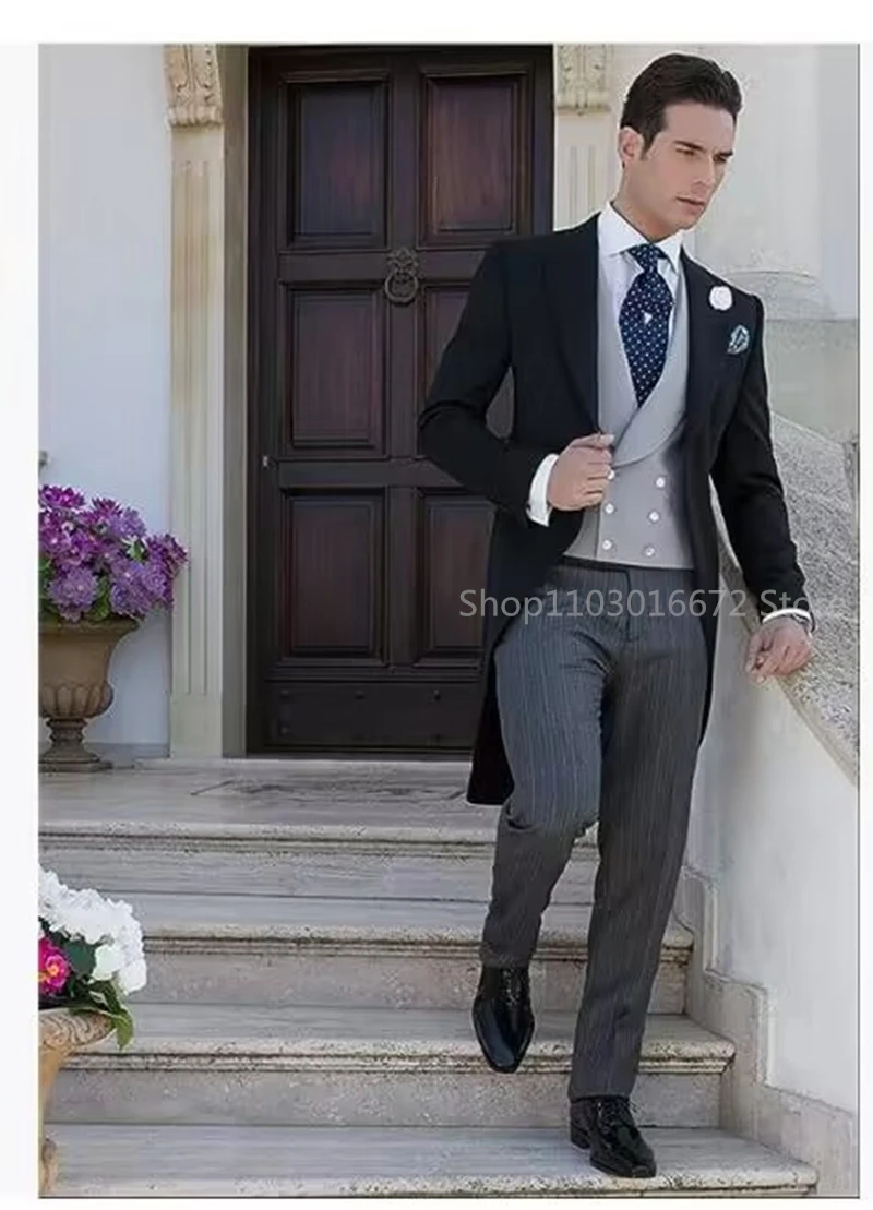 Color: black, Size: XXXL - Black Long Tail Blazer 3 Pieces Gentleman Male Suit Men's Fashion Groom Tuxedo for Wedding Party Prom Jacket Vest with Pants