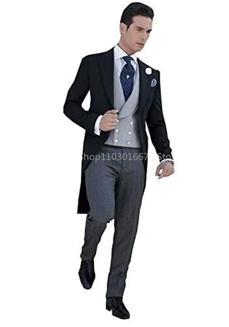 Color: black, Size: XXXL - Black Long Tail Blazer 3 Pieces Gentleman Male Suit Men's Fashion Groom Tuxedo for Wedding Party Prom Jacket Vest with Pants