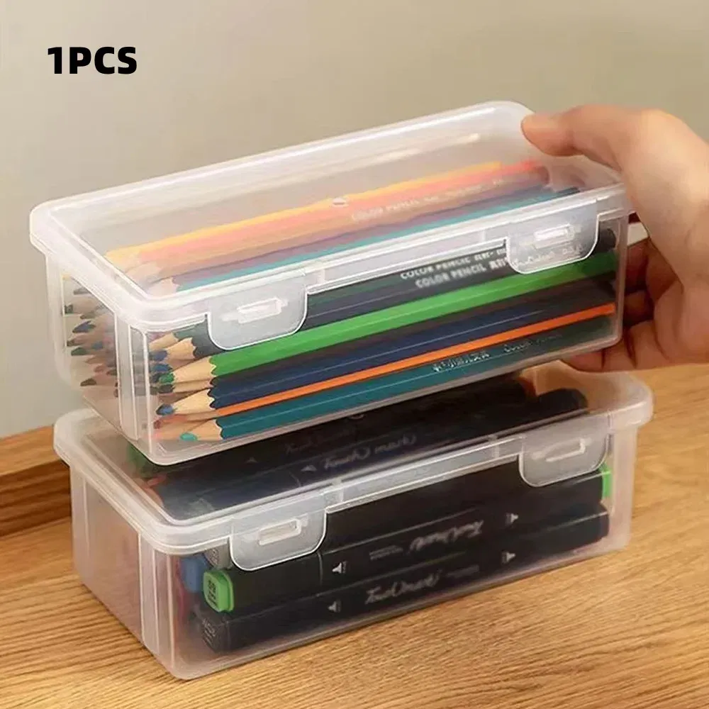 Color: WHITE - 1/2/3/4pcs Plastic Translucent Pencil Case Large Capacity Pencil Boxes Portable Storage Organizer Box Student Office Supplies