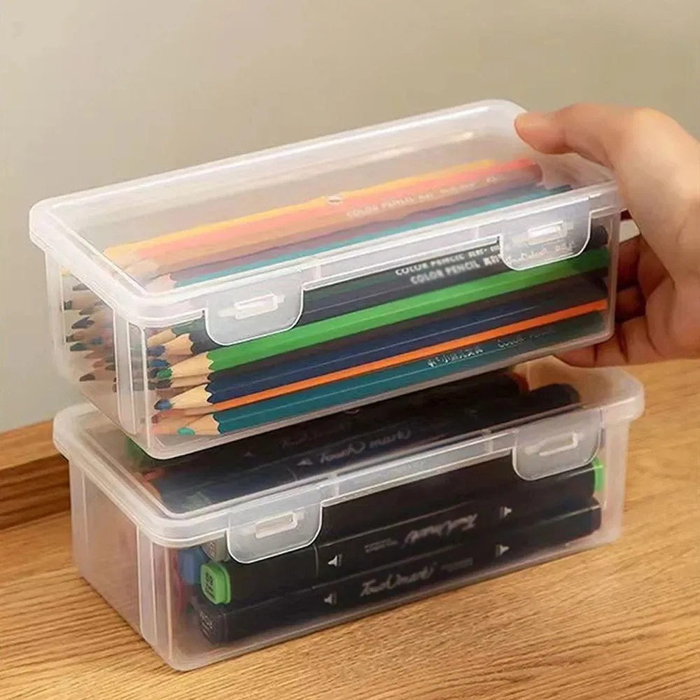 Color: WHITE - 1/2/3/4pcs Plastic Translucent Pencil Case Large Capacity Pencil Boxes Portable Storage Organizer Box Student Office Supplies
