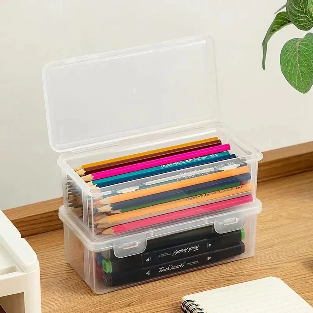 Color: WHITE - 1/2/3/4pcs Plastic Translucent Pencil Case Large Capacity Pencil Boxes Portable Storage Organizer Box Student Office Supplies