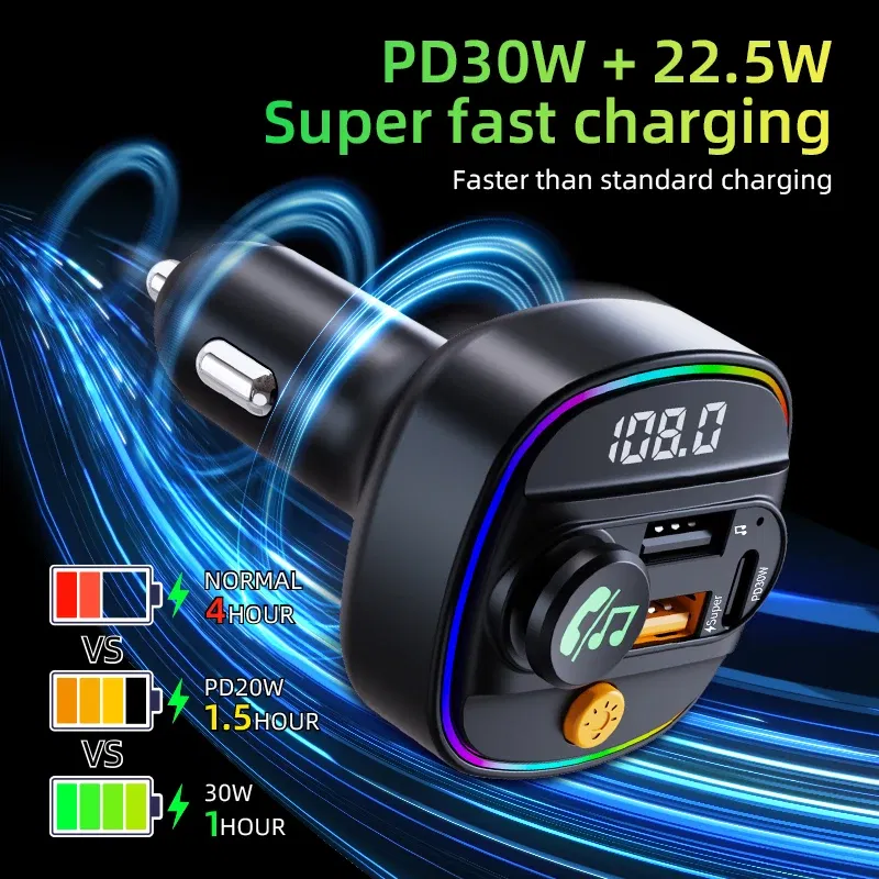 Color Name: black, Ships From: CHINA - Bluetooth 5.3 FM Transmitter Handsfree Car AUX Radio Modulator MP3 Player with 22.5W & PD30W Fast Charge Adapter Car Accessories