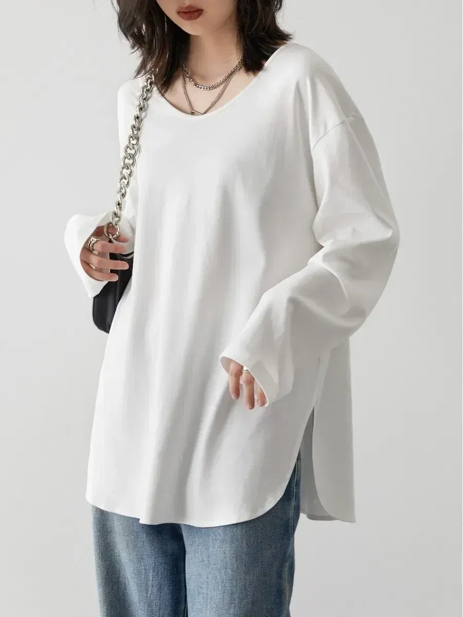 CHIC VEN Women T-Shirts Loose Casual U-Neck Long Sleeve Female Tees Split Bottom Woman Top Ladies Clothing Autumn Spring 2023