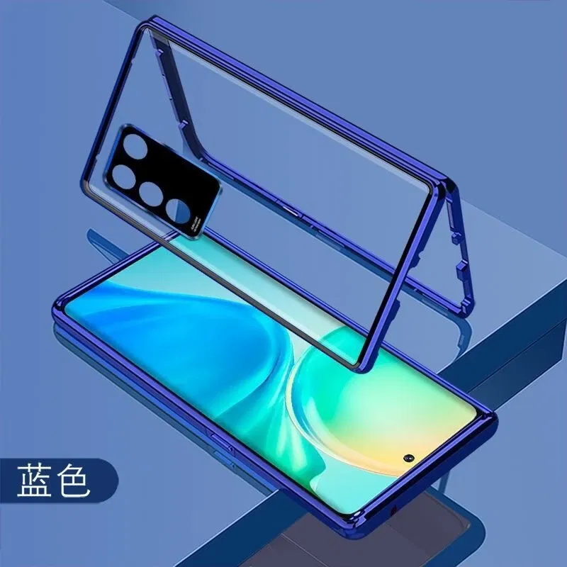 Color: Blue, Material: Neoprene - 360 Full Case For Vivo V29 5G V27 Pro V27E V25 V23 Double Sided Magnetic Adsorption Metal Capa Tempering Glass Clear Phone Cover