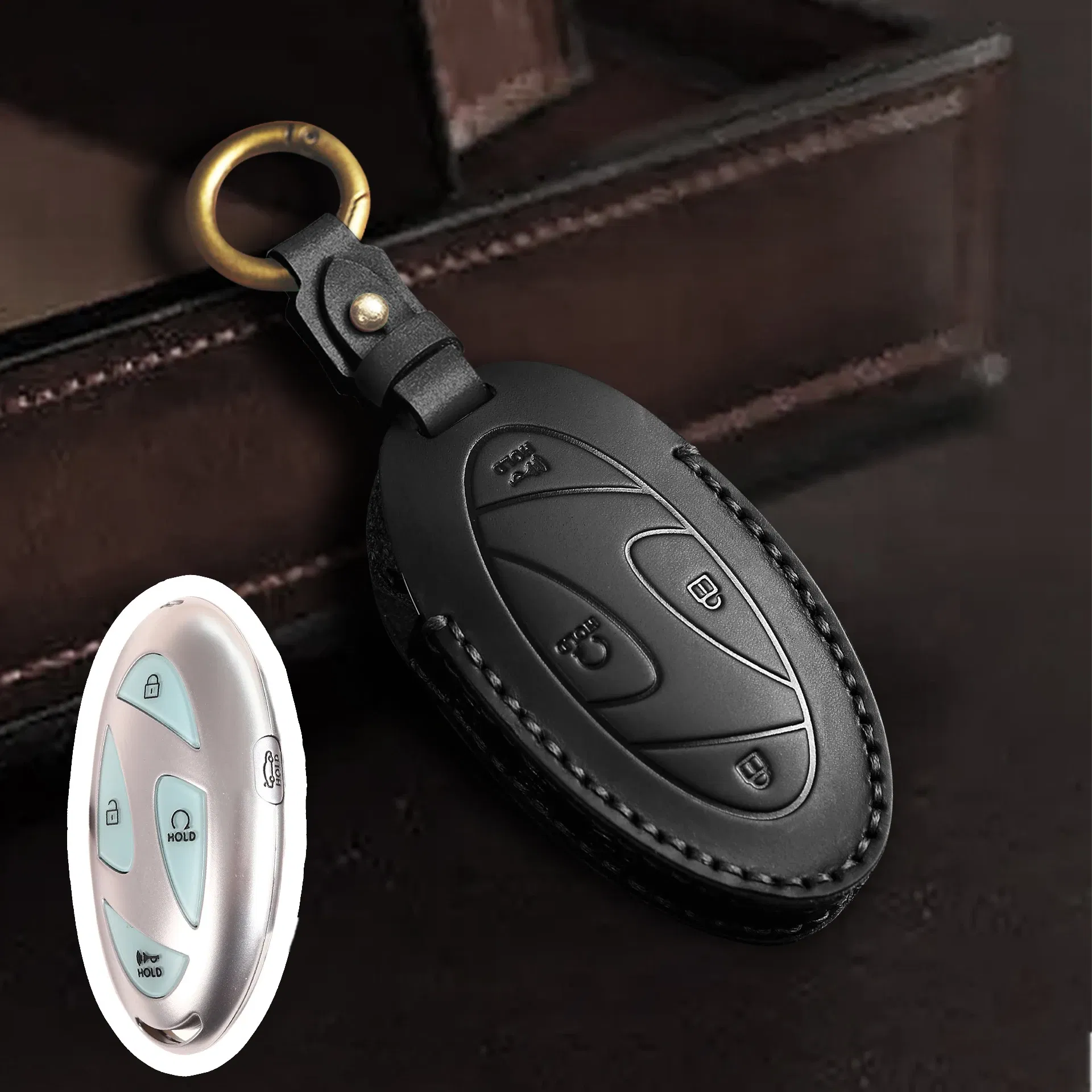Color Name: champagne - Car Leather Key Case Cover Holder For Hyundai Ionic 6 Grandeur GN7 Kona Ev New Grand Prix 5Buttons Romote Key 2023 Car Supplies