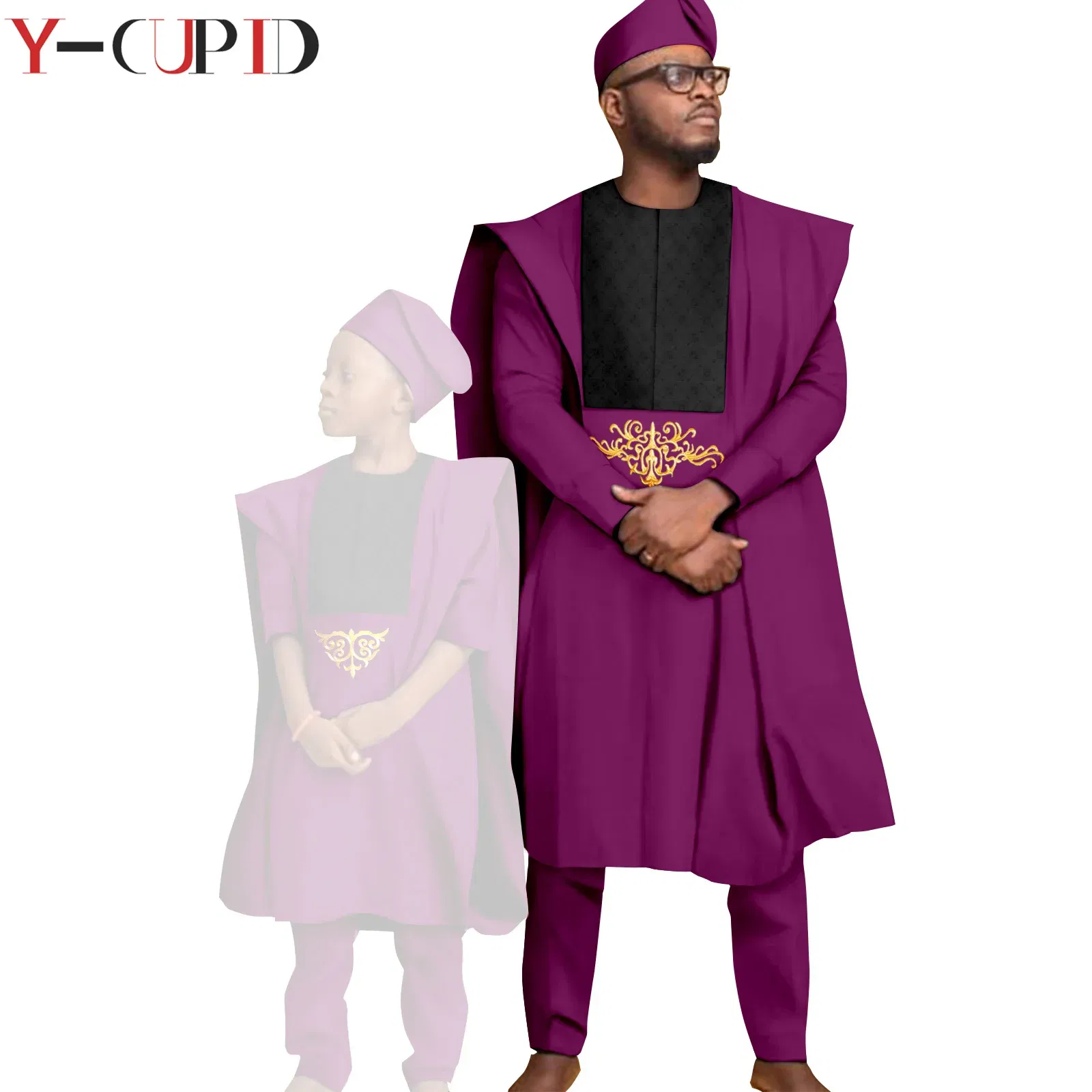Color: Blue, Size: L - African Clothes for Men Top Pants Robes Hat Sets Match Kid Boy Sets Dashiki Father and Son Bazin Riche Family Outfits Y20F001