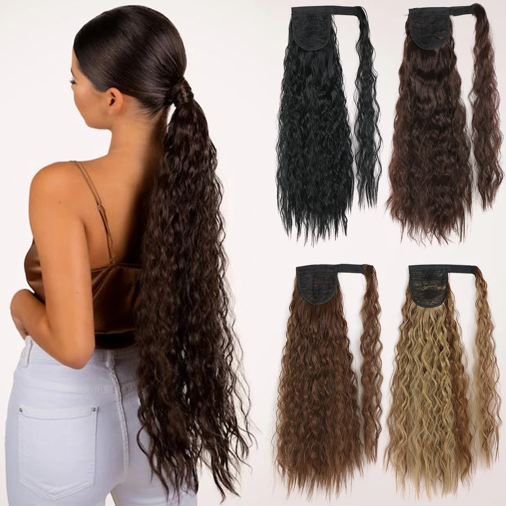 Color: T1B/33, Stretched Length: 22inches - Synthetic Long Corn Wavy Ponytail Hairpiece Wrap on Hair Clip Ombre Brown Blonde Hair Extensions Pony Tail
