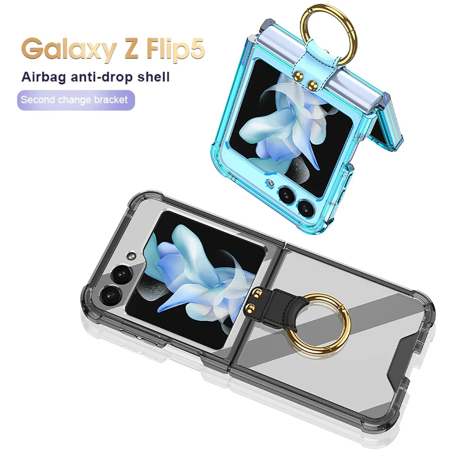 Material: Aluminum, Color: Blue - Transparent Electroplated Airbag Ring Phone Case for Samsung Galaxy Z Flip 5 4 3 5G Flip5 Flip4 Flip3 5G Stand Shockproof Cover