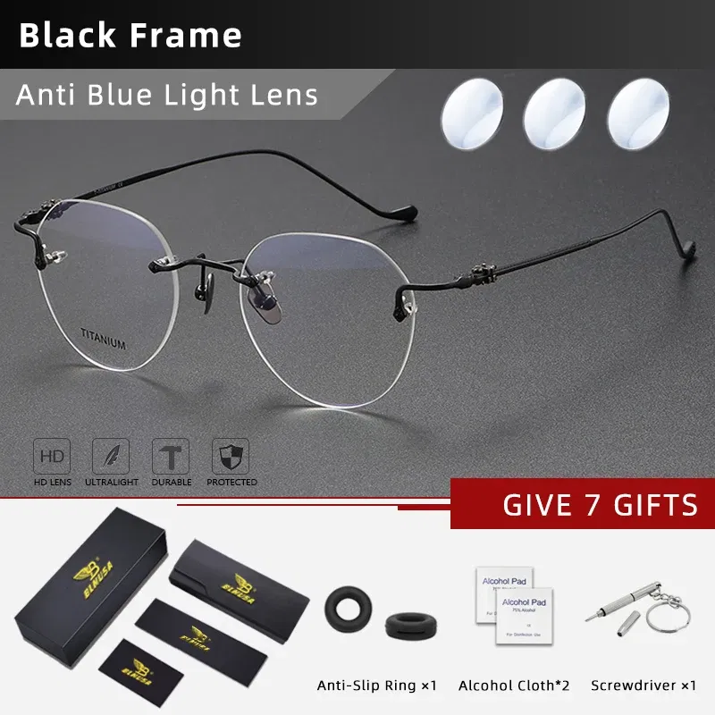 Frame Color: PURPLE, Eye Prescription: +200 - BLMUSA Pure Titanium Rimless Anti-blue Light Reading Glasses for Men Round Photochromic Optical Prescription with MR-8 lens