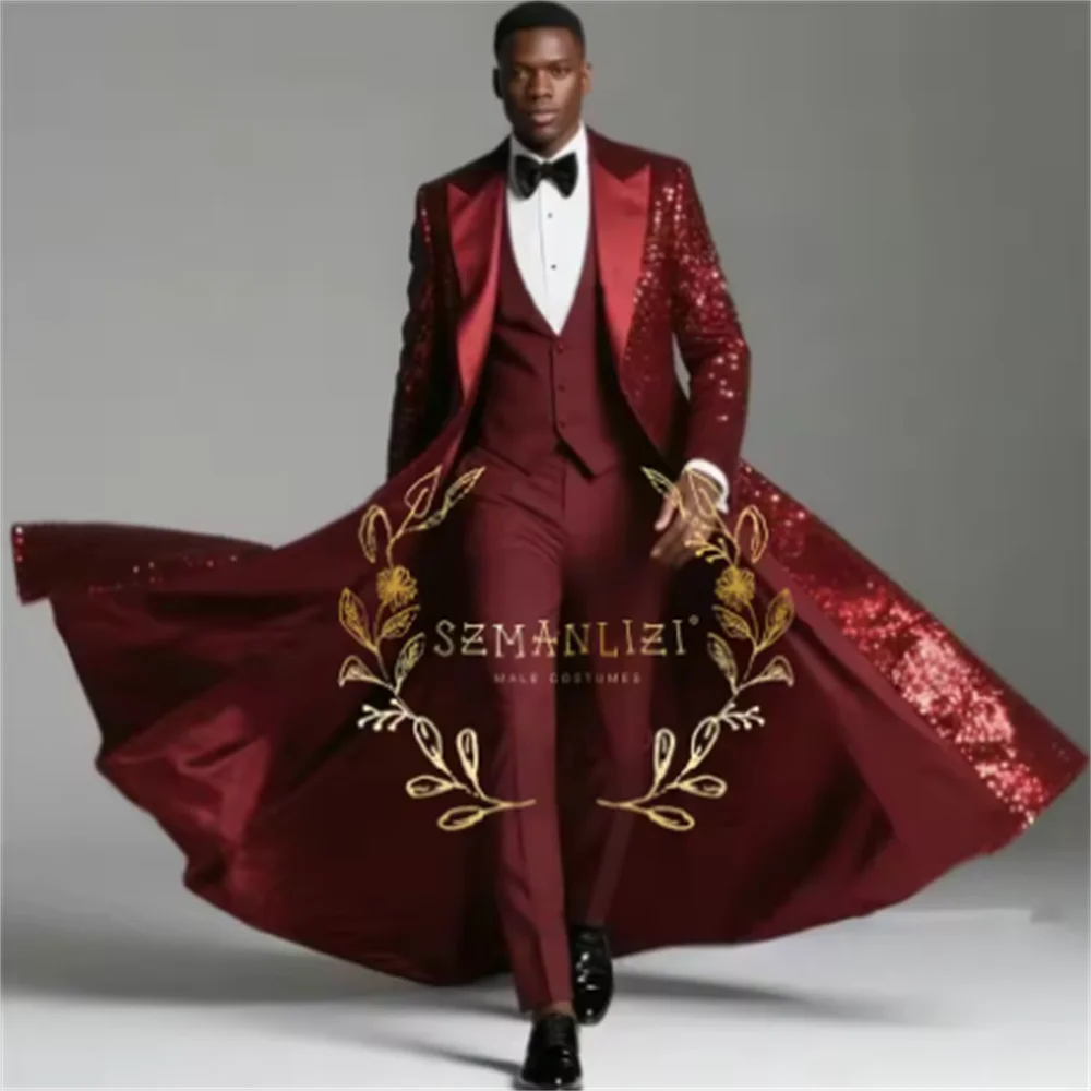 Color: Navy Blue, Size: L - Burgundy Shiny Sequin Suits Men 3 Pieces Sets Single Breasted Groom Long Blazer Costume Homme Wedding Tuxedo Male Clothing