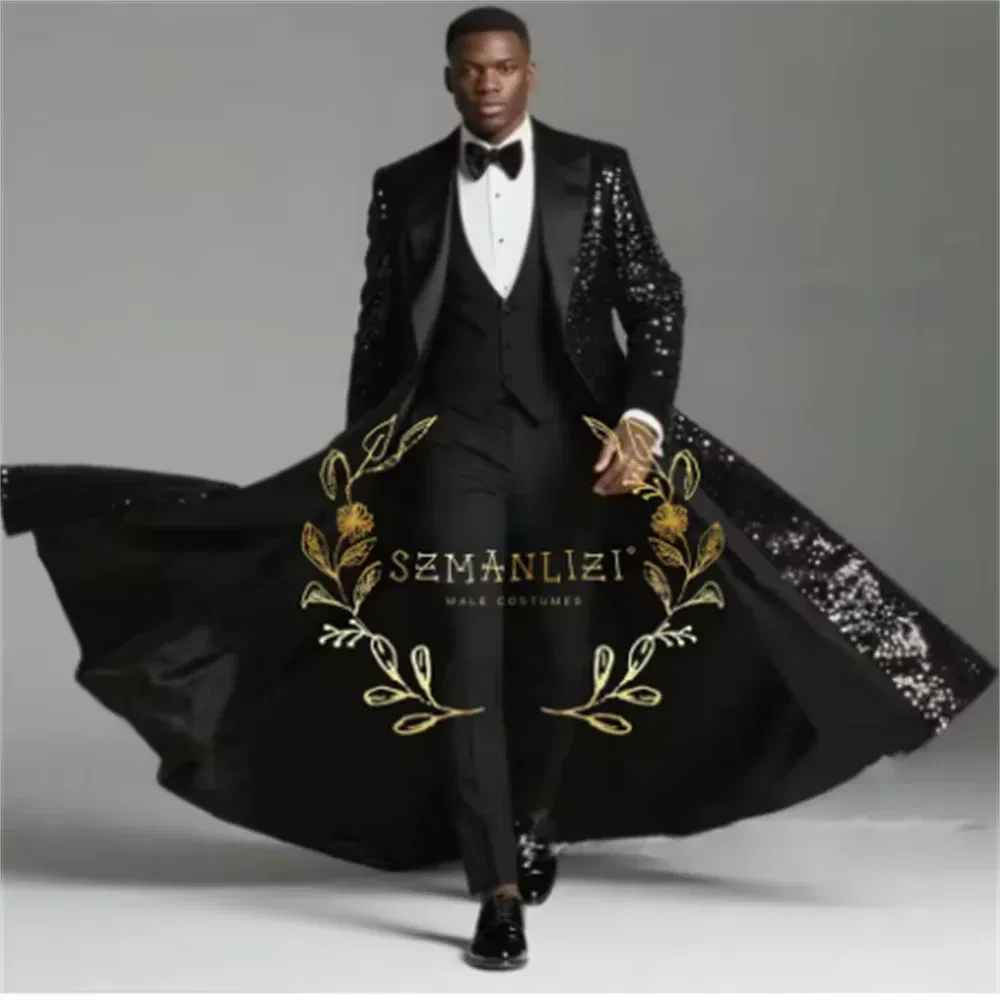 Color: Navy Blue, Size: L - Burgundy Shiny Sequin Suits Men 3 Pieces Sets Single Breasted Groom Long Blazer Costume Homme Wedding Tuxedo Male Clothing