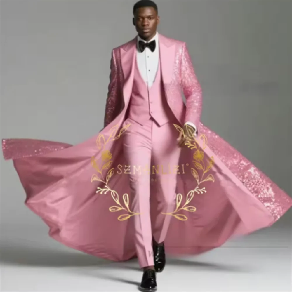 Color: Navy Blue, Size: L - Burgundy Shiny Sequin Suits Men 3 Pieces Sets Single Breasted Groom Long Blazer Costume Homme Wedding Tuxedo Male Clothing