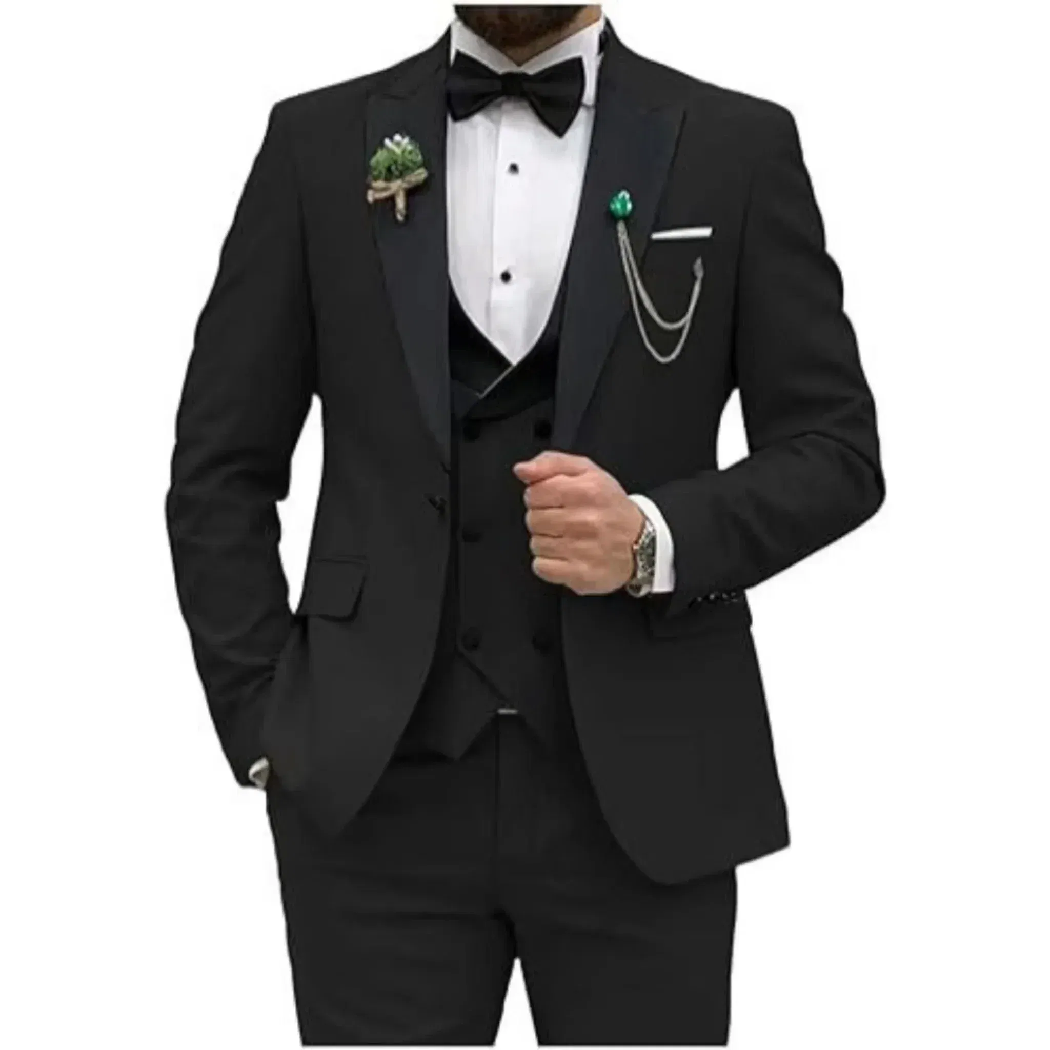 Color: black, Size: XS - Men Suit Colorful Luxury Blazer Vest And Pant Sets 3 Piece Birthday Dress Business Prom Evening Party Costumes High Quality