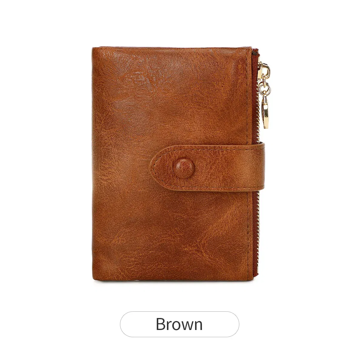 Color: Brown - Minimalist Women's Wallet Short Three Layer Large Capacity Double Zipper Card Holder ID Card Credit Bank Card Holder Money Bag