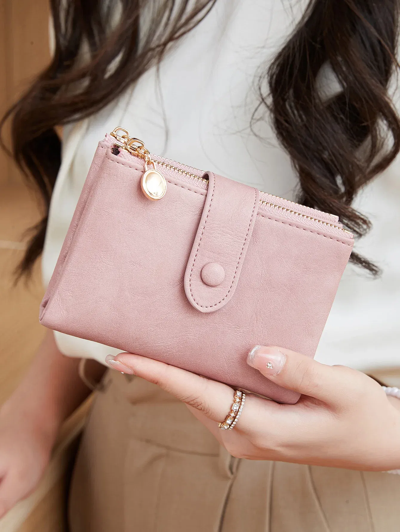 Color: Brown - Minimalist Women's Wallet Short Three Layer Large Capacity Double Zipper Card Holder ID Card Credit Bank Card Holder Money Bag